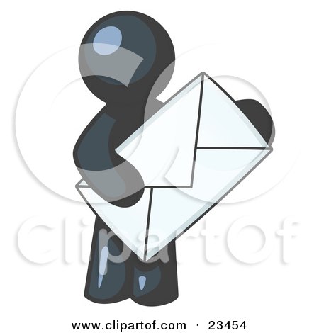 Clipart Illustration of a Navy Blue Person Standing And Holding A Large Envelope, Symbolizing Communications And Email by Leo Blanchette