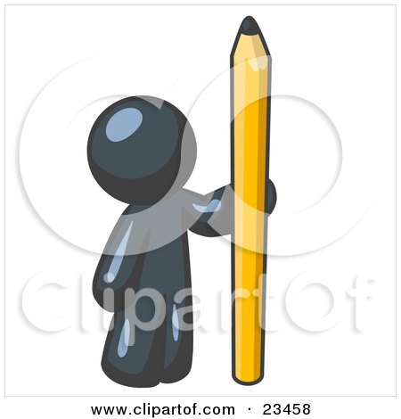 Clipart Illustration of a Navy Blue Man Holding Up And Standing Beside A Giant Yellow Number Two Pencil by Leo Blanchette