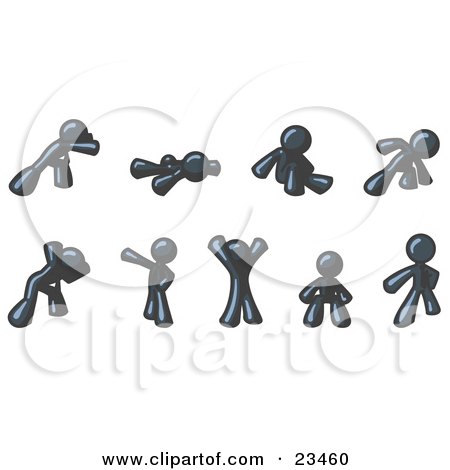 Clipart Illustration of a Navy Blue Man Doing Different Exercises and Stretches in a Fitness Gym  by Leo Blanchette