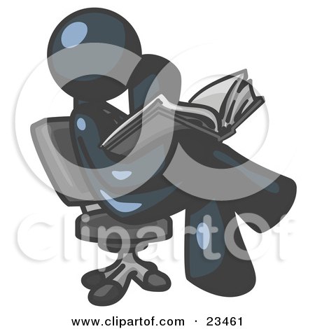 Clipart Illustration of a Navy Blue Man Sitting Cross Legged in a Chair and Reading a Book by Leo Blanchette