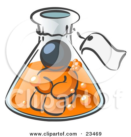 Clipart Illustration of a Navy Blue Man Trapped Inside A Bubbly Potion In A Laboratory Beaker With A Tag Around The Bottle by Leo Blanchette