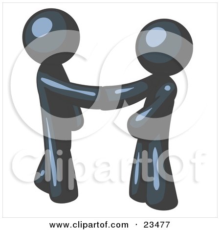 Clipart Illustration of a Navy Blue Man Wearing A Tie, Shaking Hands With Another Upon Agreement Of A Business Deal by Leo Blanchette