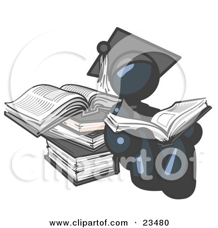 Clipart Illustration of a Navy Blue Male Student in a Graduation Cap, Reading a Book and Leaning Against a Stack of Books by Leo Blanchette