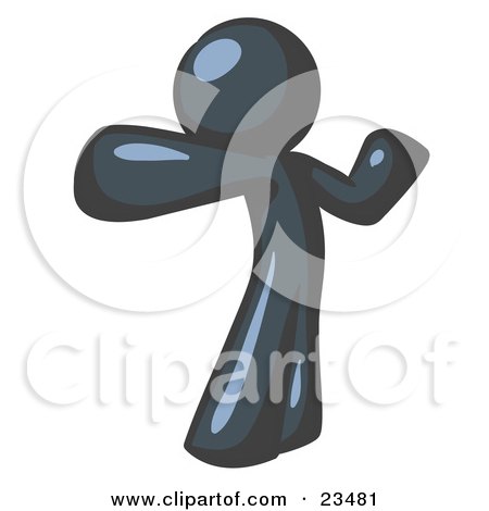 Clipart Illustration of a Navy Blue Man Stretching His Arms And Back Or Punching The Air by Leo Blanchette