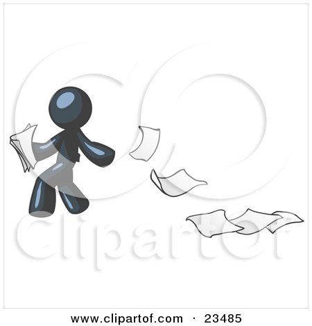 Clipart Illustration of a Navy Blue Man Dropping White Sheets Of Paper On A Ground And Leaving A Paper Trail, Symbolizing Waste by Leo Blanchette