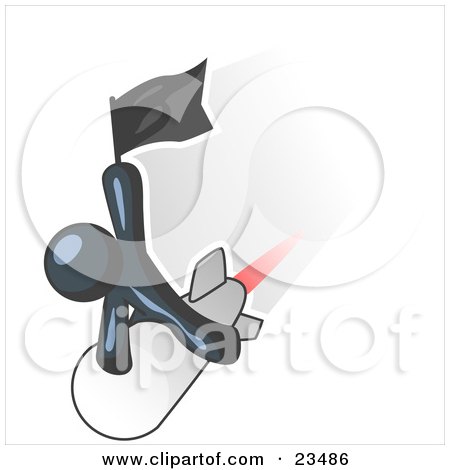 Clipart Illustration of a Navy Blue Man Waving A Flag While Riding On Top Of A Fast Missile Or Rocket, Symbolizing Success by Leo Blanchette