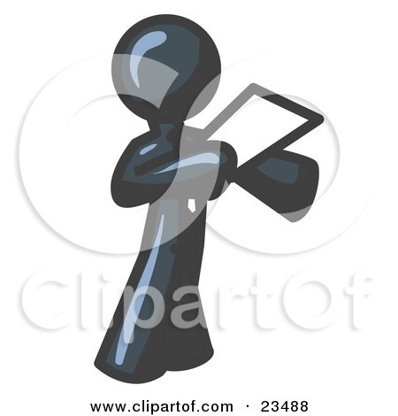 Clipart Illustration of a Navy Blue Businessman Holding a Piece of Paper During a Speech or Presentation by Leo Blanchette