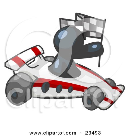 Clipart Illustration of a Navy Blue Man Driving A Fast Race Car Past Flags While Racing by Leo Blanchette
