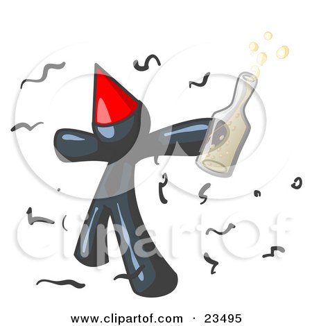 Clipart Illustration of a Happy Navy Blue Man Partying With a Party Hat, Confetti and a Bottle of Liquor by Leo Blanchette