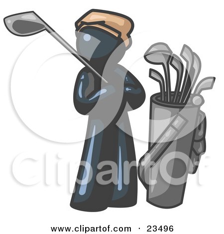 Clipart Illustration of a Navy Blue Man Standing by His Golf Clubs by Leo Blanchette
