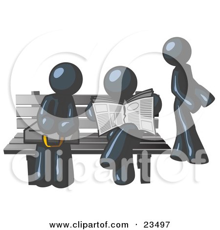 Clipart Illustration of Navy Blue Men at a Bench at a Bus Stop  by Leo Blanchette