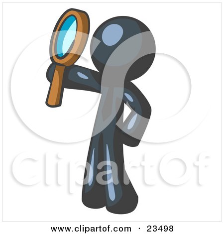 Clipart Illustration of a Navy Blue Man Holding Up A Magnifying Glass And Peering Through It While Investigating Or Researching Something  by Leo Blanchette