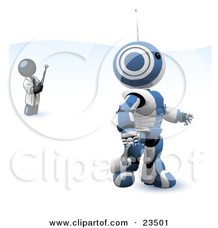 Clipart Illustration of a Navy Blue Man Inventor Operating An Blue Robot With A Remote Control by Leo Blanchette