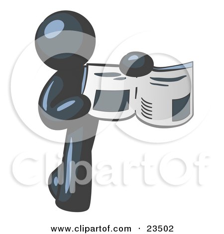 Clipart Illustration of a Navy Blue Man Holding Up A Newspaper And Pointing To An Article by Leo Blanchette