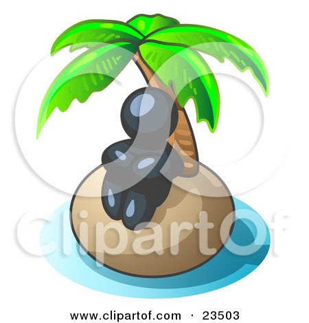 Clipart Illustration of a Navy Blue Man Sitting All Alone With A Palm Tree On A Deserted Island by Leo Blanchette