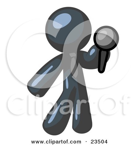 Clipart Illustration of a Navy Blue Man, A Comedian Or Vocalist, Wearing A Tie, Standing On Stage And Holding A Microphone While Singing Karaoke Or Telling Jokes by Leo Blanchette