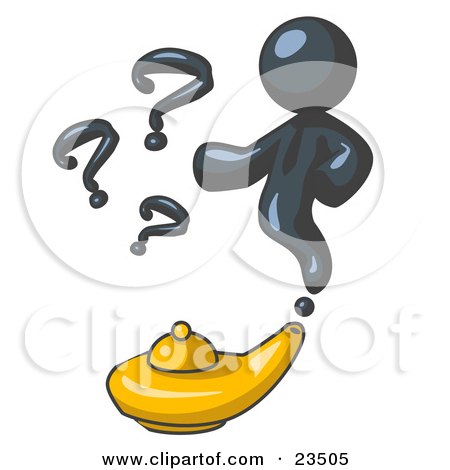 Clipart Illustration of a Navy Blue Genie Man Emerging From a Golden Lamp With Question Marks by Leo Blanchette