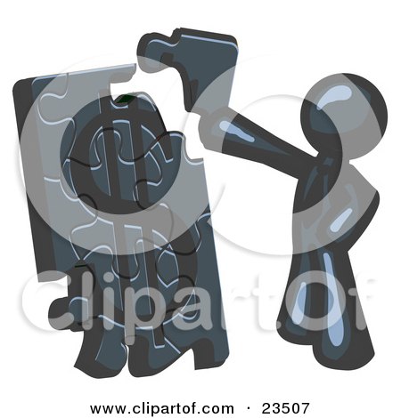 Clipart Illustration of a Navy Blue Businessman Putting a Dollar Sign Puzzle Together by Leo Blanchette