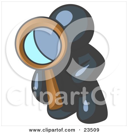 Clipart Illustration of a Navy Blue Man Kneeling On One Knee To Look Closer At Something While Inspecting Or Investigating by Leo Blanchette