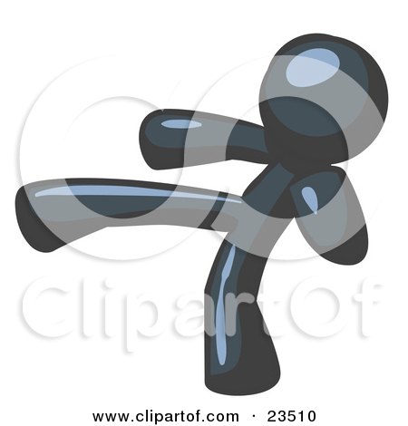 Clipart Illustration of a Navy Blue Man Kicking, Perhaps While Kickboxing by Leo Blanchette