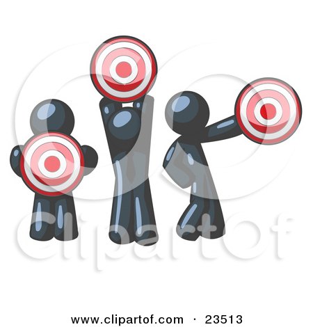 Clipart Illustration of a Group Of Three Navy Blue Men Holding Red Targets In Different Positions by Leo Blanchette