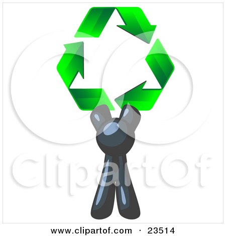 Clipart Illustration of a Navy Blue Man Holding Up Three Green Arrows Forming A Triangle And Moving In A Clockwise Motion, Symbolizing Renewable Energy And Recycling by Leo Blanchette
