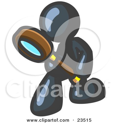 Clipart Illustration of a Navy Blue Man Bending Over to Inspect Something Through a Magnifying Glass by Leo Blanchette