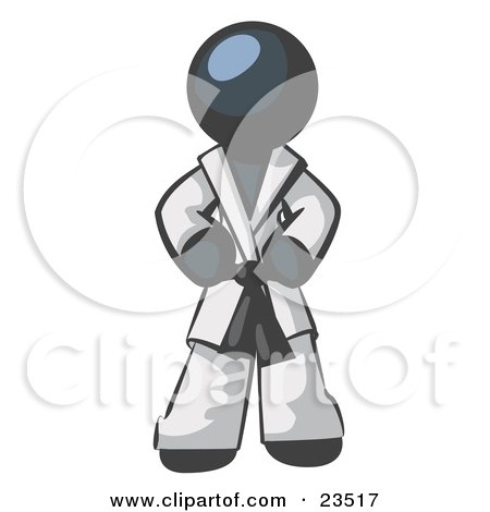 Clipart Illustration of a Tough Navy Blue Man In A White Karate Suit And A Black Belt, Standing With His Hands On His Hips by Leo Blanchette