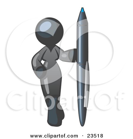 Clipart Illustration of a Navy Blue Woman In A Gray Dress, Standing With One Hand On Her Hip, Holding A Huge Pen by Leo Blanchette