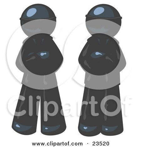 Clipart Illustration of Two Navy Blue Men Standing With Their Arms Crossed, Wearing Sunglasses and Black Suits by Leo Blanchette