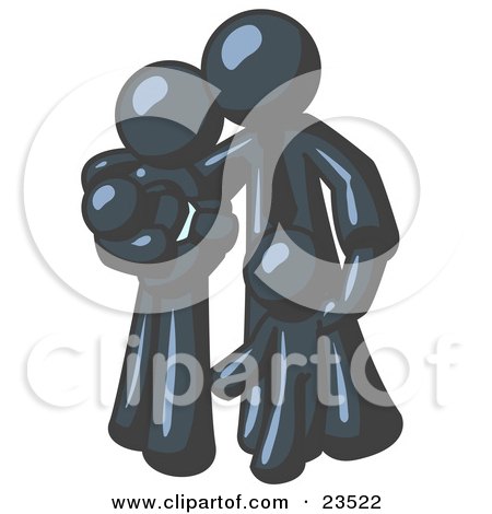 Clipart Illustration of a Navy Blue Family Man, a Father, Hugging His Wife and Two Children by Leo Blanchette