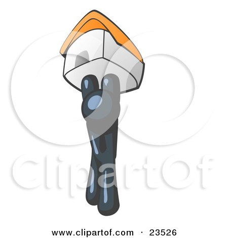 Clipart Illustration of a Navy Blue Man Holding Up A House Over His Head, Symbolizing Home Loans and Realty by Leo Blanchette