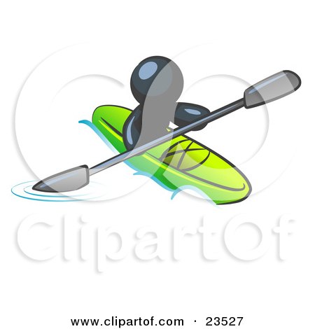 Clipart Illustration of a Navy Blue Man Paddling Down A River In A Green Kayak by Leo Blanchette