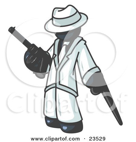 Clipart Illustration of a Navy Blue Gangster Man Carrying a Gun and Leaning on a Cane by Leo Blanchette