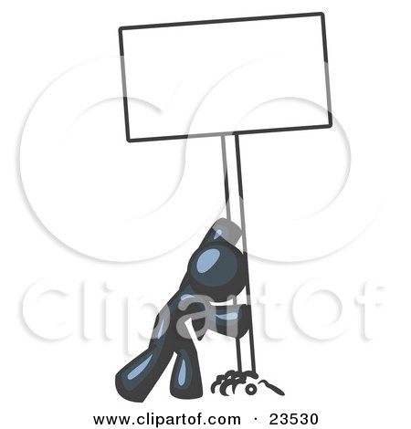 Clipart Illustration of a Strong Navy Blue Man Pushing a Blank Sign Upright  by Leo Blanchette
