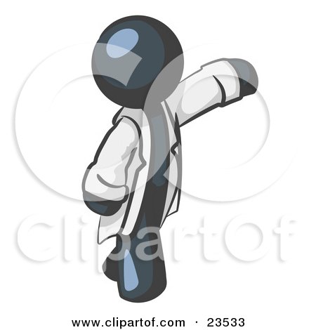 Clipart Illustration of a Navy Blue Scientist, Veterinarian Or Doctor Man Waving And Wearing A White Lab Coat by Leo Blanchette