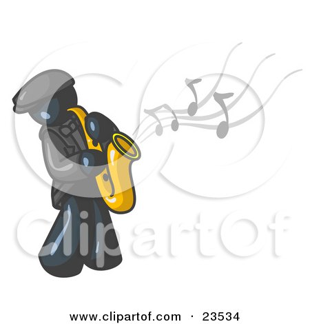 Clipart Illustration of a Musical Navy Blue Man Playing Jazz With a Saxophone by Leo Blanchette