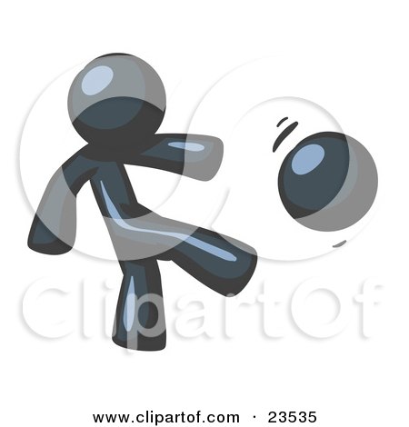 Clipart Illustration of a Navy Blue Man Kicking A Ball Really Hard While Playing A Game by Leo Blanchette