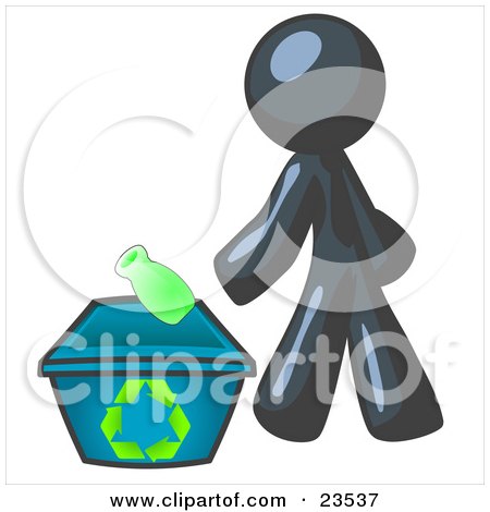Clipart Illustration of a Navy Blue Man Tossing A Plastic Container Into A Recycle Bin, Symbolizing Someone Doing Their Part To Help The Environment And To Be Earth Friendly by Leo Blanchette