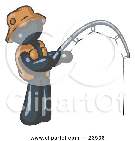 Clipart Illustration of a Navy Blue Man Wearing A Hat And Vest And Holding A Fishing Pole by Leo Blanchette