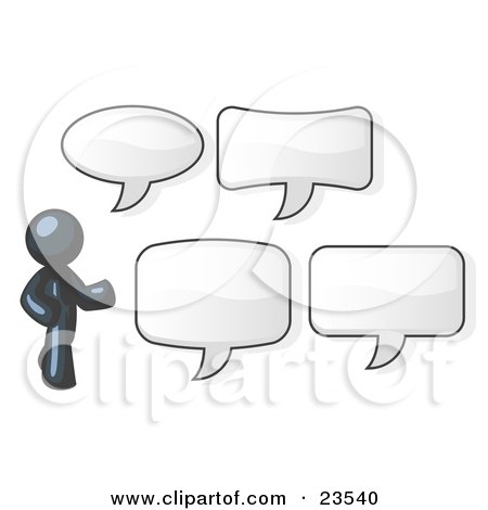 Clipart Illustration of a Navy Blue Businessman With Four Different Word Bubbles by Leo Blanchette