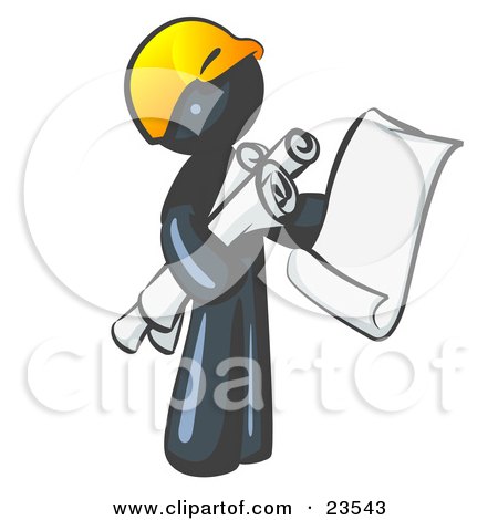 Clipart Illustration of a Navy Blue Man Contractor Or Architect Holding Rolled Blueprints And Designs And Wearing A Hardhat by Leo Blanchette