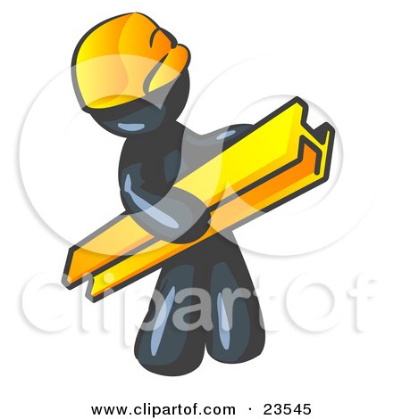 Clipart Illustration of a Navy Blue Man Construction Worker Wearing A Hardhat And Carrying A Beam At A Work Site by Leo Blanchette