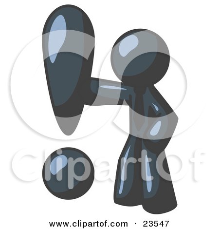 Clipart Illustration of a Navy Blue Businessman Standing by a Large Exclamation Point by Leo Blanchette