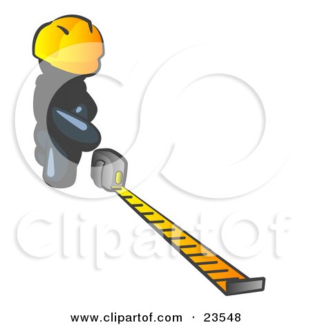 Clipart Illustration of a Navy Blue Man Contractor Wearing A Hardhat, Kneeling And Measuring by Leo Blanchette