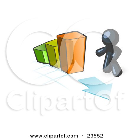 Clipart Illustration of a Navy Blue Man Standing By An Increasing Green, Yellow And Orange Bar Graph On A Grid Background With An Arrow by Leo Blanchette