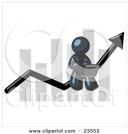 Clipart Illustration of a Navy Blue Man Using a Laptop Computer, Riding the Increasing Arrow Line on a Business Chart Graph by Leo Blanchette