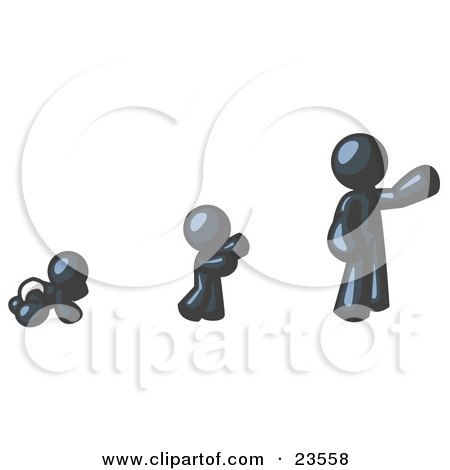 Clipart Illustration of a Navy Blue Man in His Growth Stages of Life, as a Baby, Child and Adult by Leo Blanchette