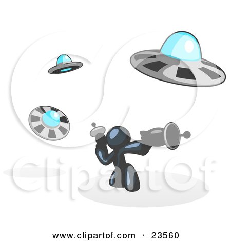 Clipart Illustration of a Navy Blue Man Fighting Off UFO's With Weapons by Leo Blanchette