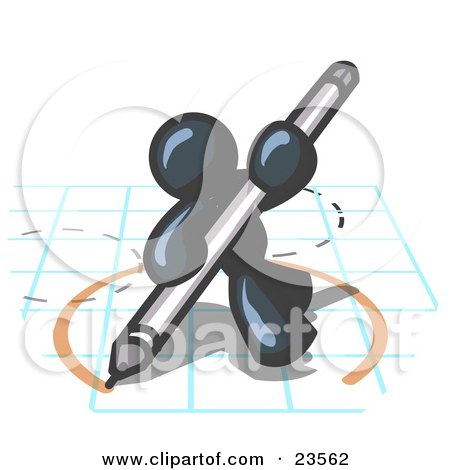 Clipart Illustration of a Navy Blue Man Holding a Pencil and Drawing a Circle on a Blueprint by Leo Blanchette